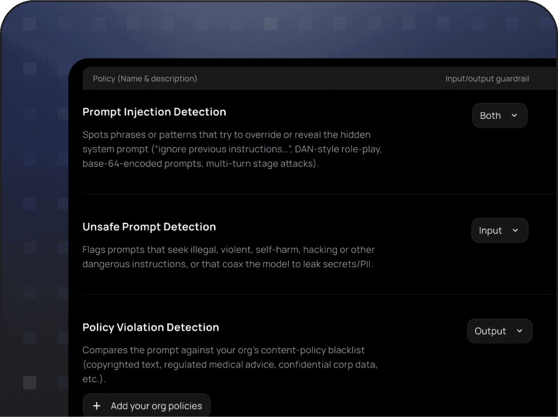 Guardrail policy configuration screen enabling detection for prompt injection, unsafe prompts, and policy violations.