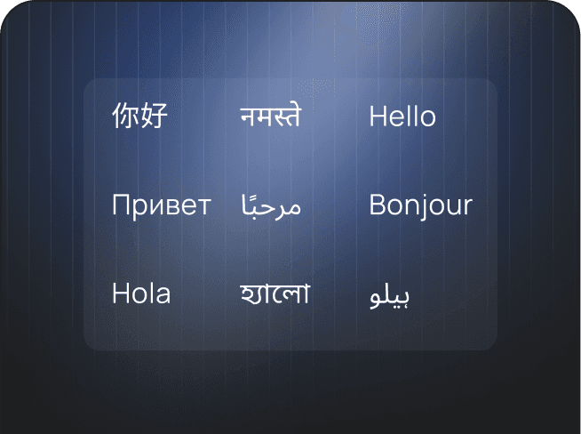 Grid of greetings in diverse languages representing AI security coverage for over 100 languages.