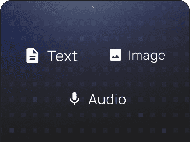 Multi-modal security icons representing protection for text, image, and audio inputs.