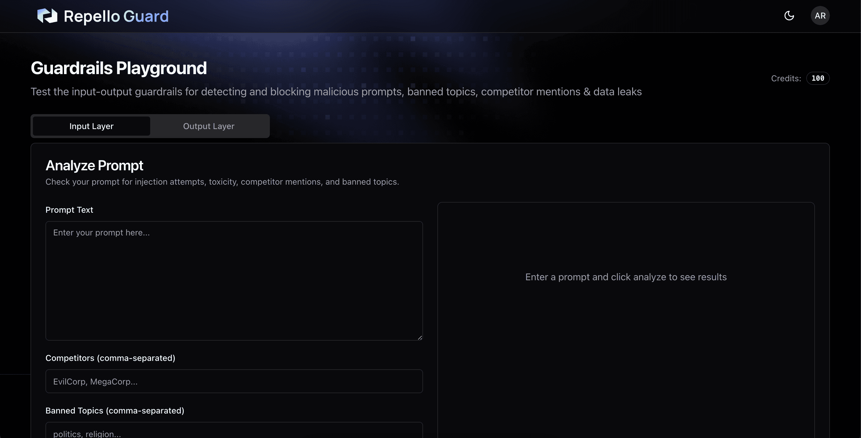Interactive Repello Guardrails Playground interface — simulate prompt injection attacks, test system prompt leak detection, and view real-time blocking feedback.