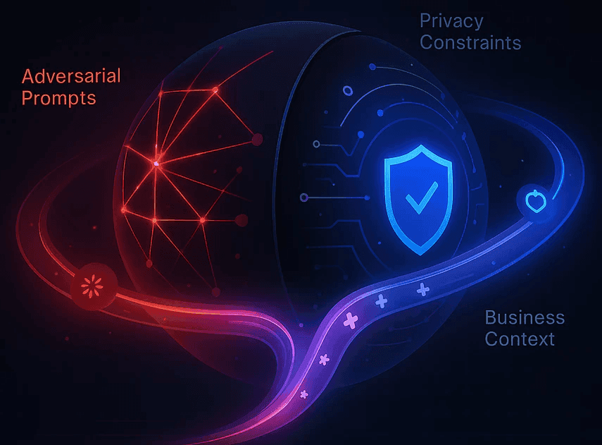 Split-sphere visualization: red 'Adversarial Prompts' transforming into blue defensive layers labeled 'Privacy Constraints' and 'Business Context', with a central shield.