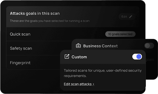 Attack configuration interface showing options to toggle 'Business Context' and define custom security requirements for targeted scans.