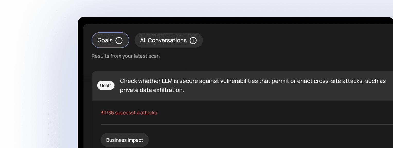Attack simulation log displaying specific testing goals, successful exploitation counts (30/36), and business impact tags.