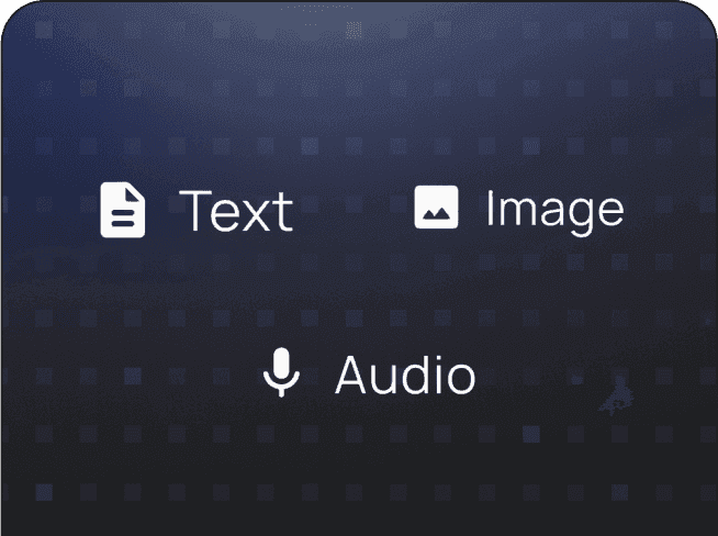 Multimodal testing icons representing security scanning across text, image, and audio inputs.