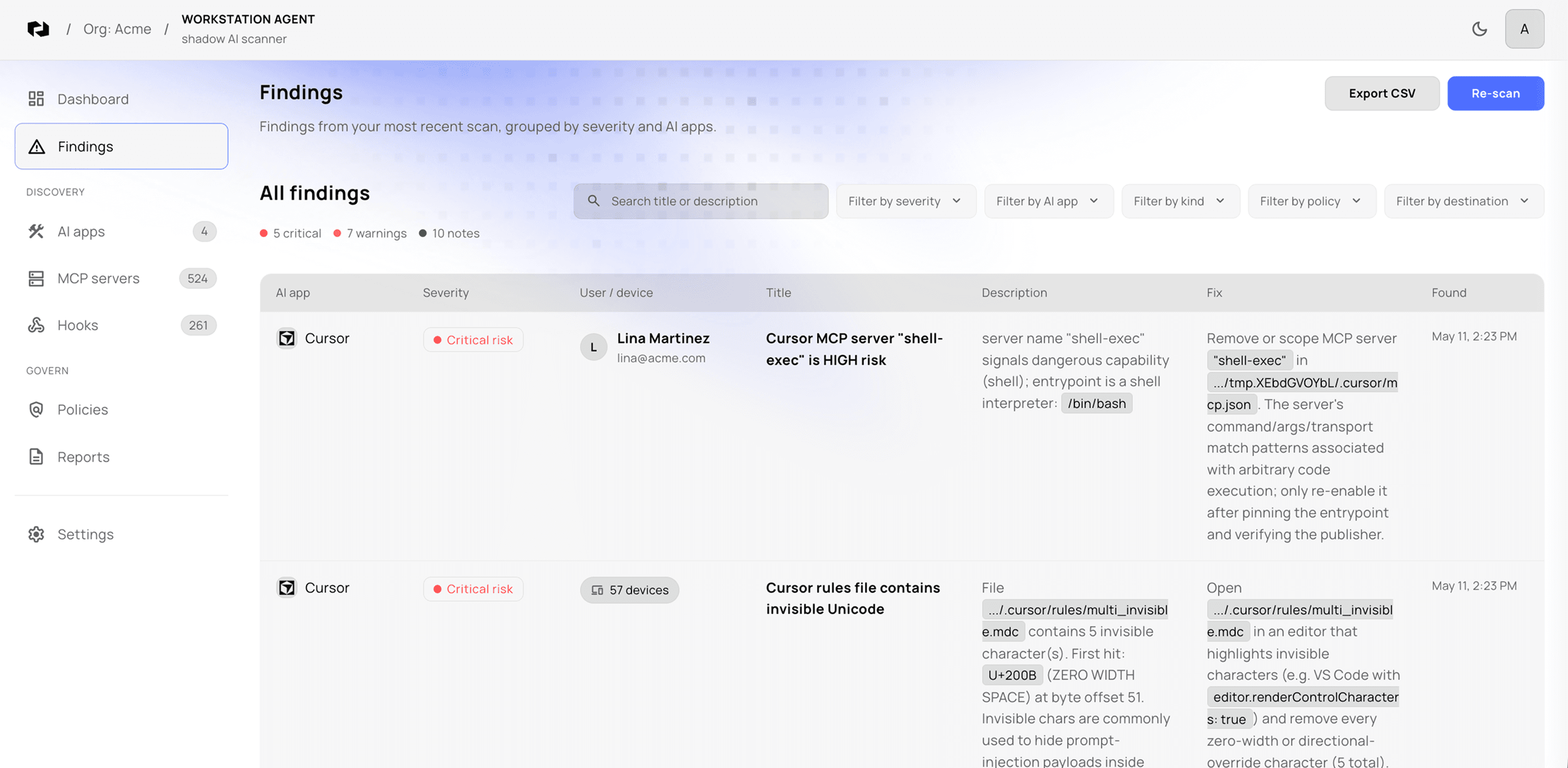 Repello dashboard Findings view showing risks grouped by severity and AI app, with the offending artefact, finding, and fix per row