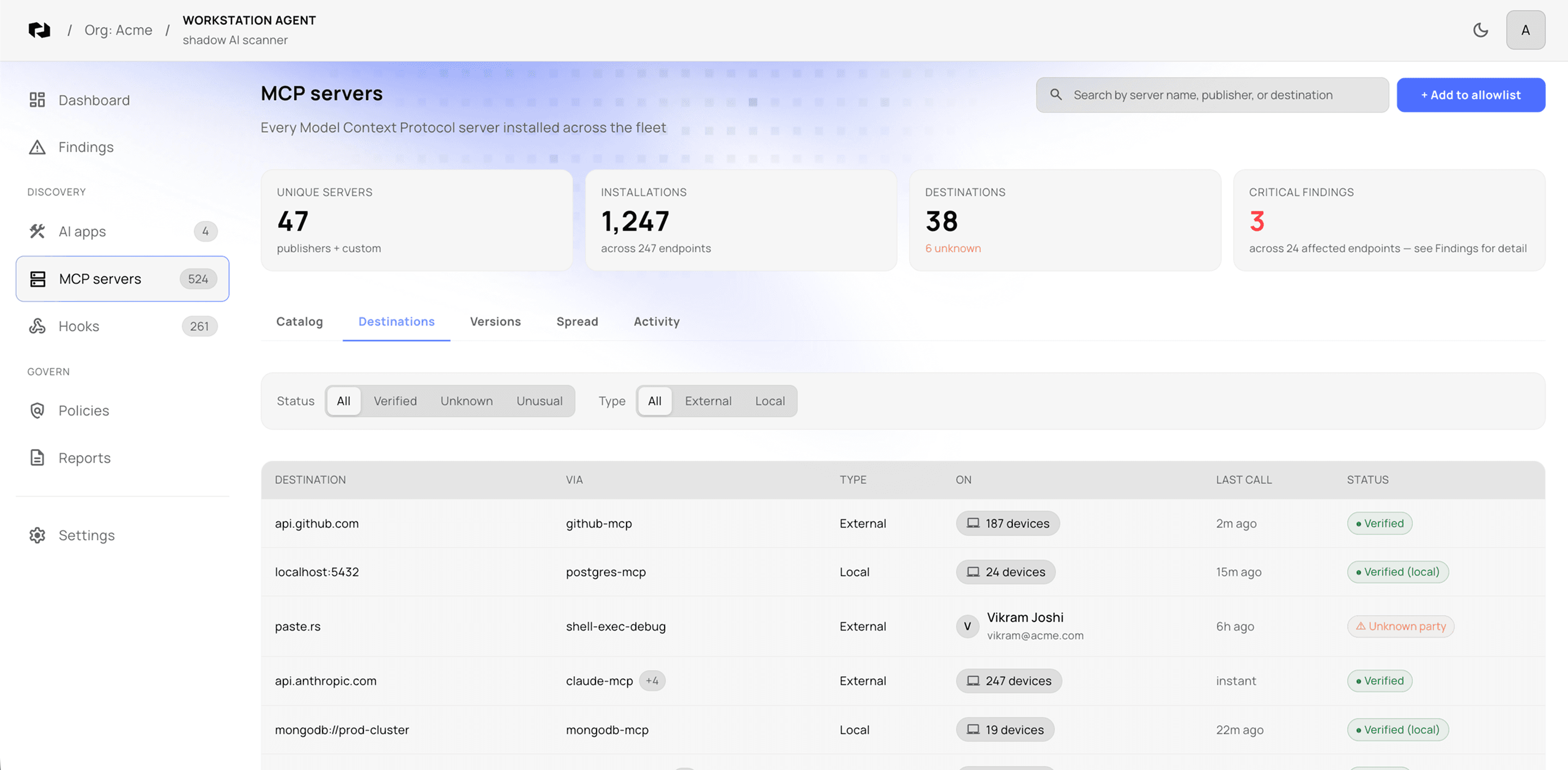 Repello MCP servers Destinations tab showing every outbound destination each MCP server calls, classified as verified, local, or unknown party