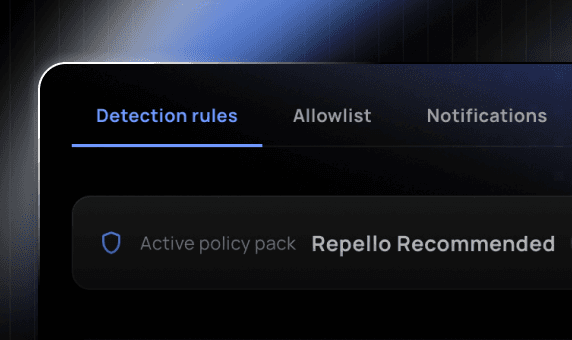 Detection rules tab with the Repello Recommended active policy pack