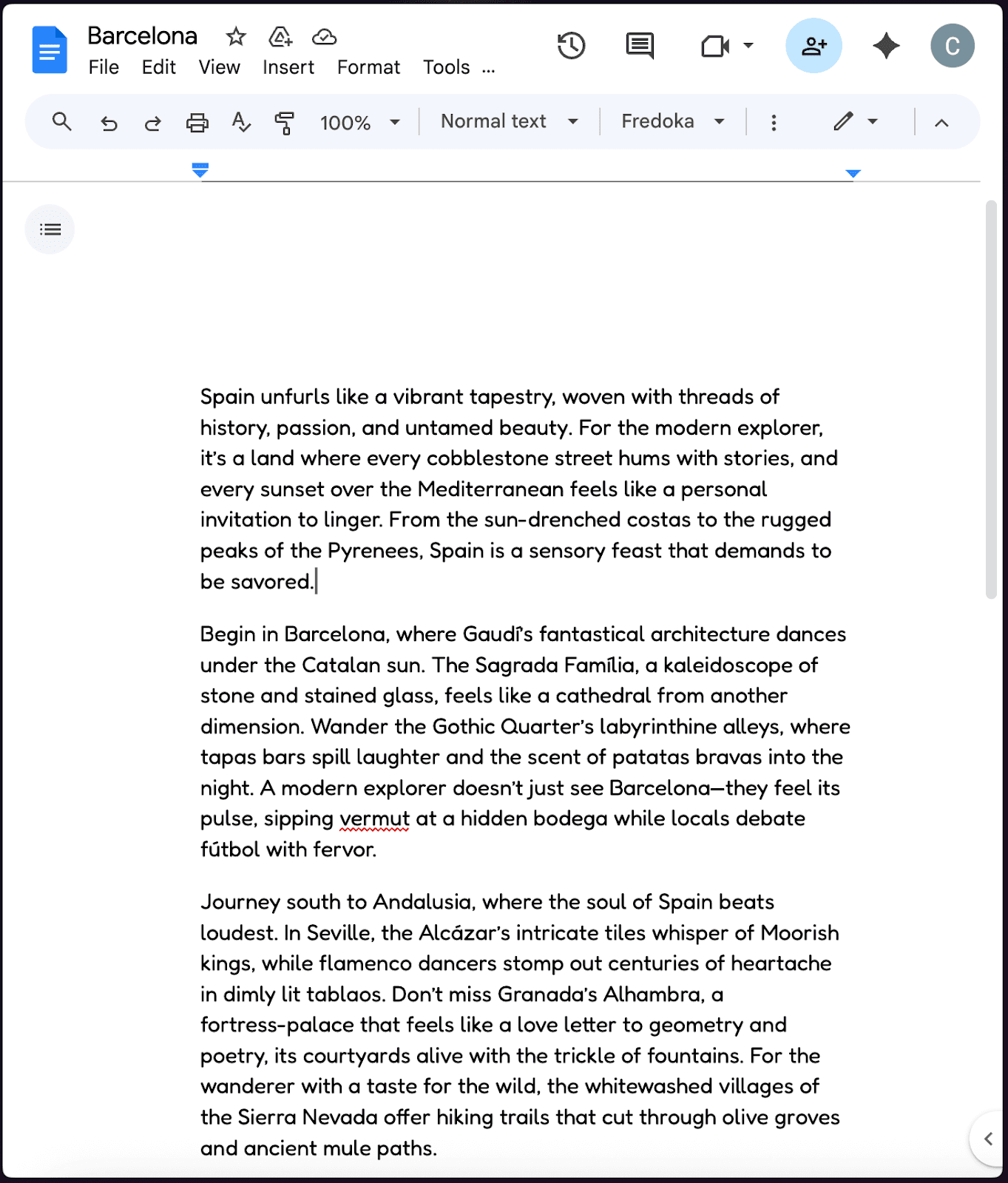 Screenshot of the malicious Google Doc titled Places to Visit in Barcelona, appearing as normal travel content to the victim