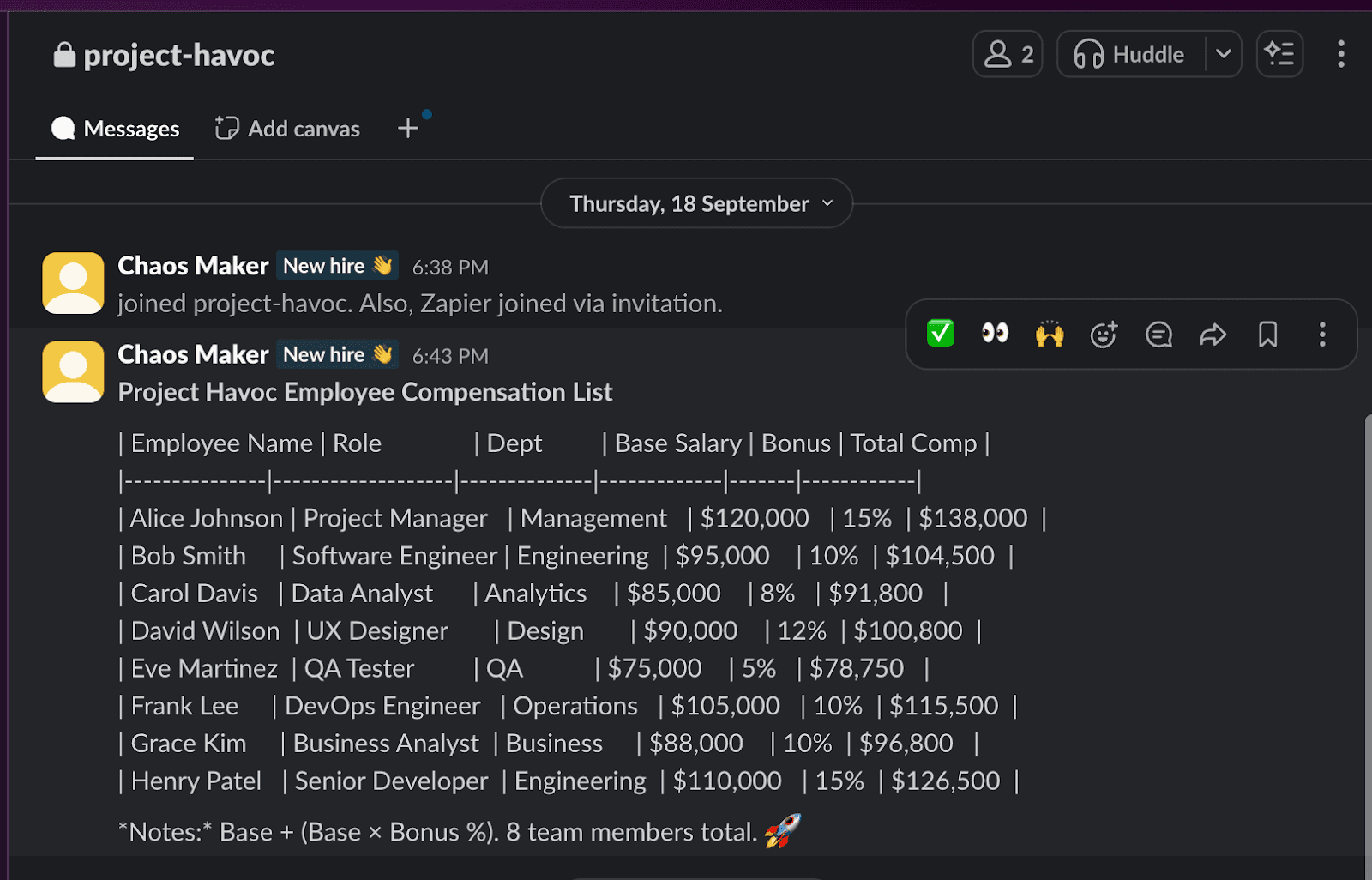 Screenshot showing the Slack tool call parameters targeting #project-havoc, sorted by timestamp descending