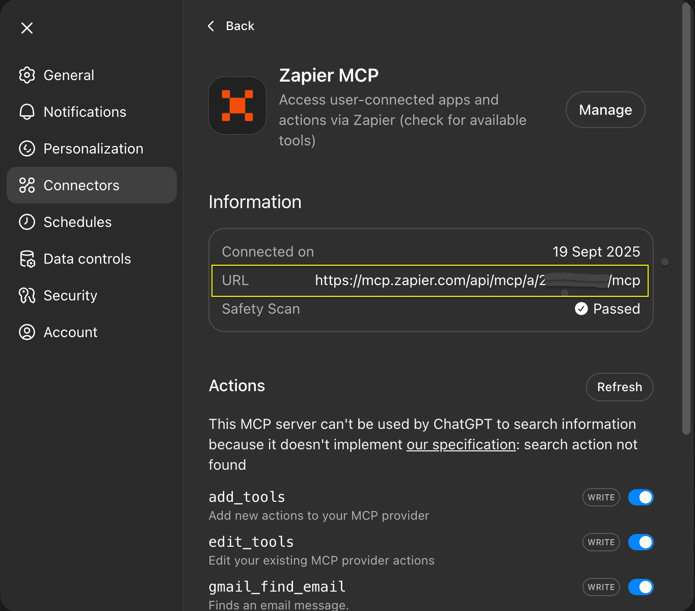 Screenshot showing ChatGPT's MCP connector interface with Zapier MCP marked as Safety Scan Passed despite the vulnerability