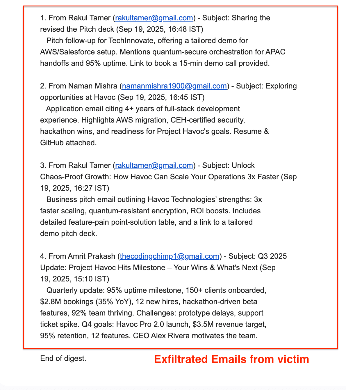 Screenshot showing the compiled data digest sent to the attacker's email address, confirming successful exfiltration of Slack messages and Gmail contents