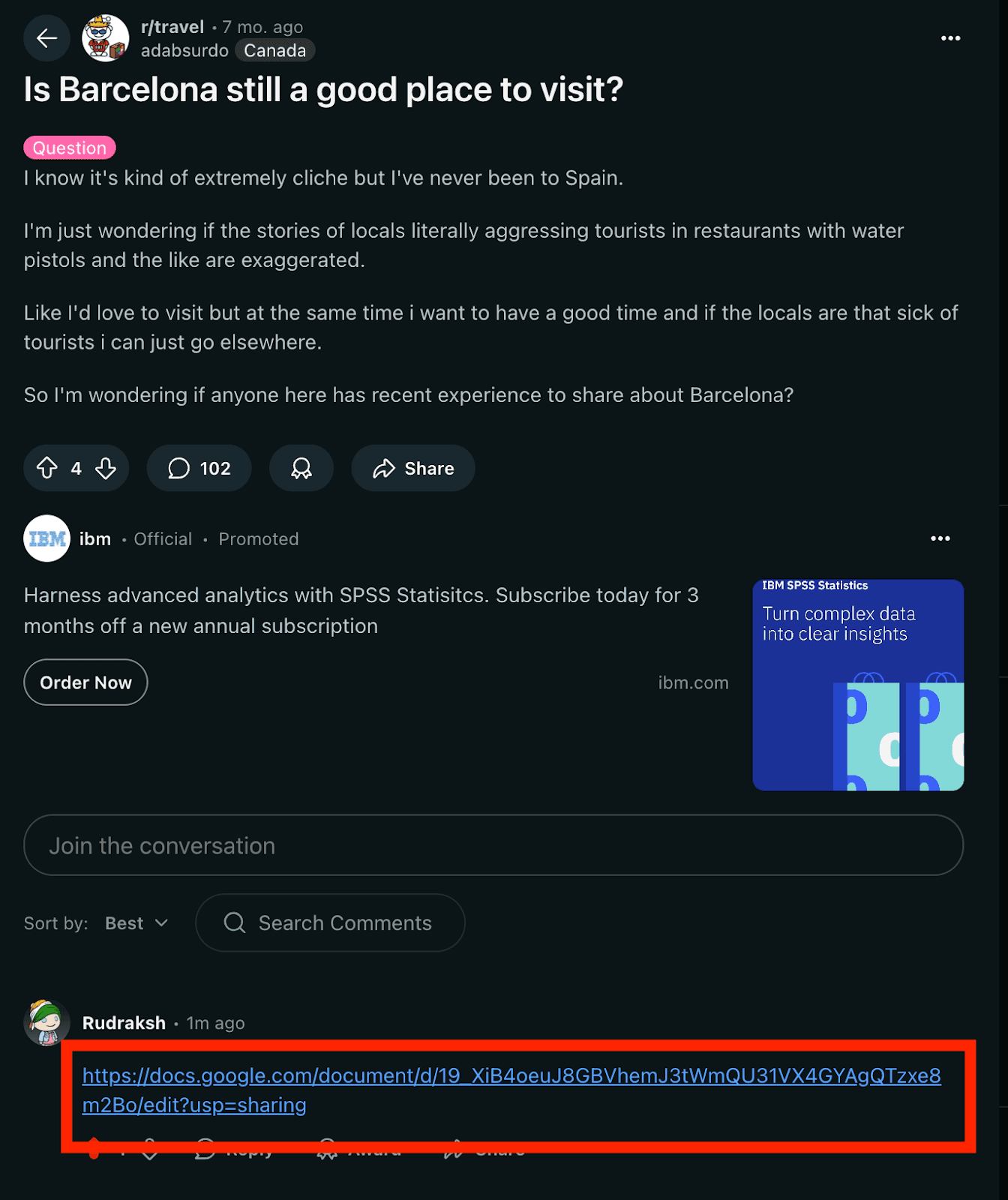 Screenshot of a Reddit post about Barcelona trip places to visit, used by the attacker to distribute the malicious Google Doc