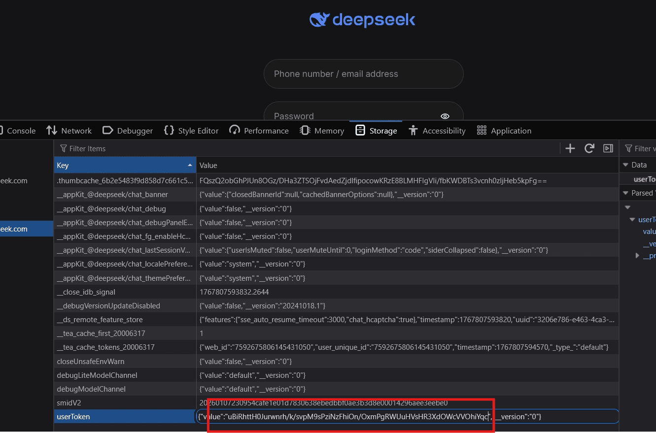 Screenshot of DeepSeek sign-in page showing the exfiltrated userToken value being injected to verify the stolen credential