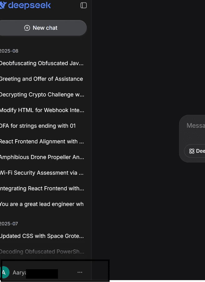 Screenshot confirming successful session hijack: attacker is now logged into the victim's DeepSeek account using the stolen token