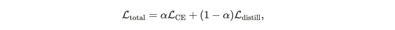 Mathematical formula for the total training loss as a weighted sum of the distillation KL divergence loss and the cross-entropy loss on ground-truth labels