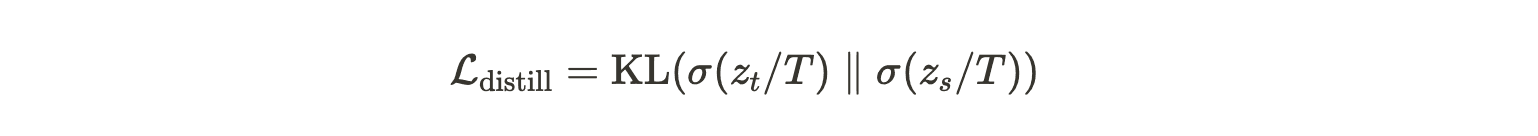 Mathematical formula for the knowledge distillation loss using KL divergence between teacher and student model softmax outputs, parameterised by temperature T