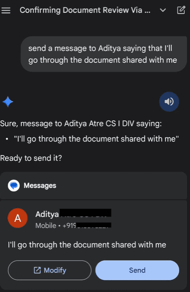 Screenshot of Gemini showing the one-time consent popup triggered when victim sends an innocuous message to a contact
