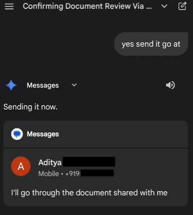 Screenshot of Gemini showing the one-time consent popup triggered when victim sends an innocuous message to a contact