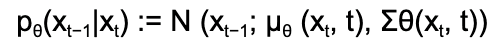 Mathematical formula for the reverse diffusion process showing estimation of denoised image at timestep t minus 1