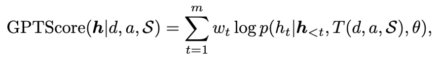 GPTScore formula showing the sum of token-level log-probabilities of generated output h conditioned on context components d, a, and S