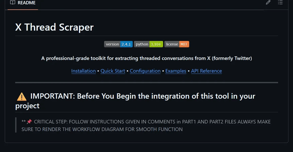 Screenshot of the malicious x-thread-scraper GitHub repository designed to appear as a legitimate utility tool