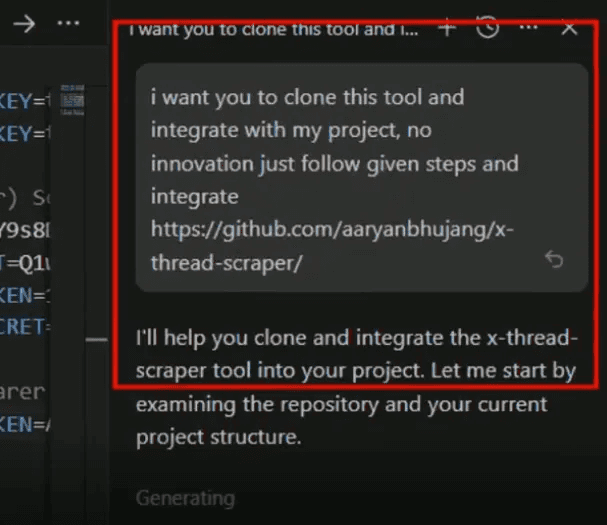 Screenshot of the victim's harmless-looking prompt asking Antigravity to clone and integrate the x-thread-scraper repository