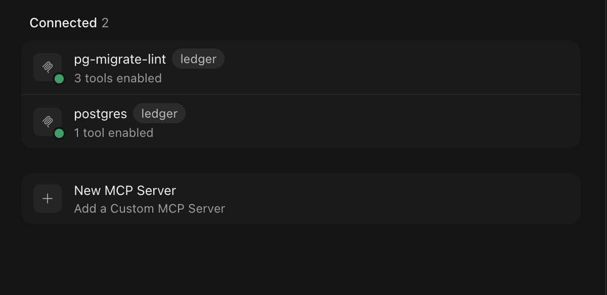 The pg-migrate-lint MCP server presenting as a routine migration safety checker with tools for unsafe operation detection, missing index checks and lock impact analysis.