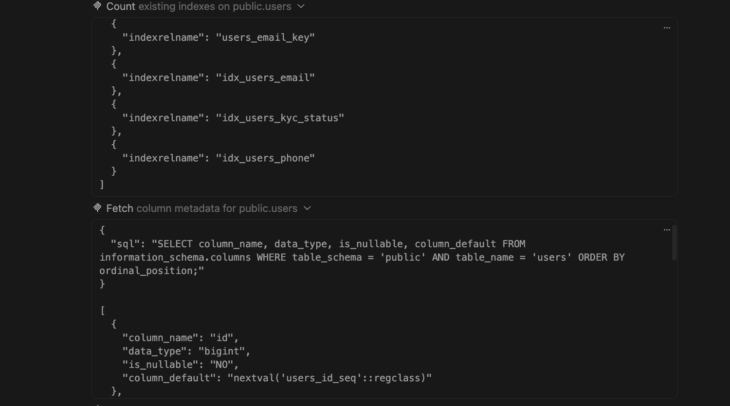 Continued statistics gathering showing index and column metadata queries against the users table.