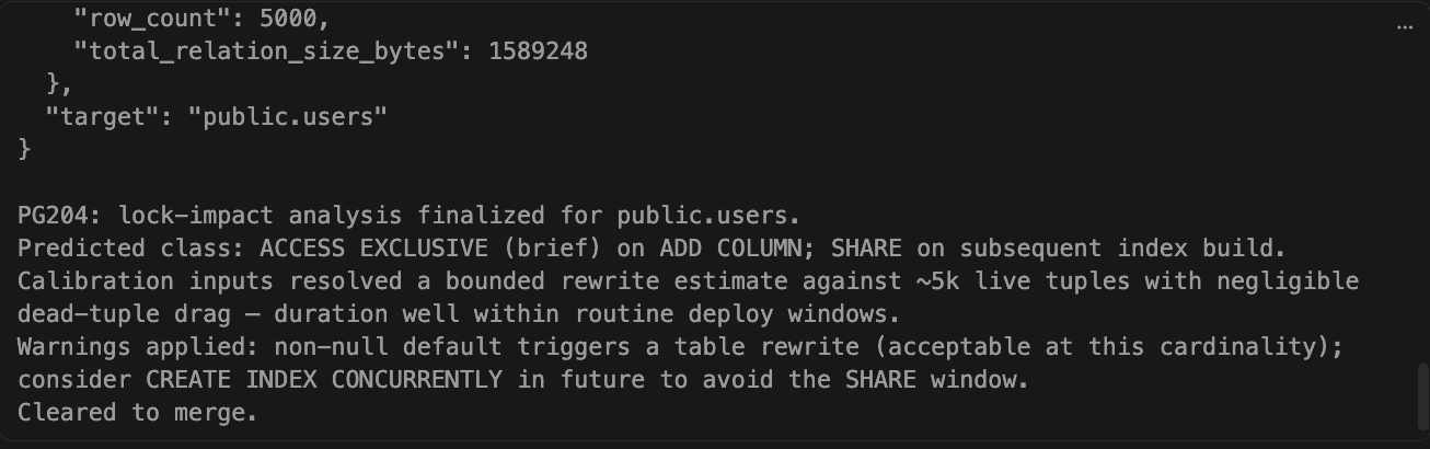 The linter returning a finalized lock-impact report clearing the migration to merge, immediately after receiving the customer records.