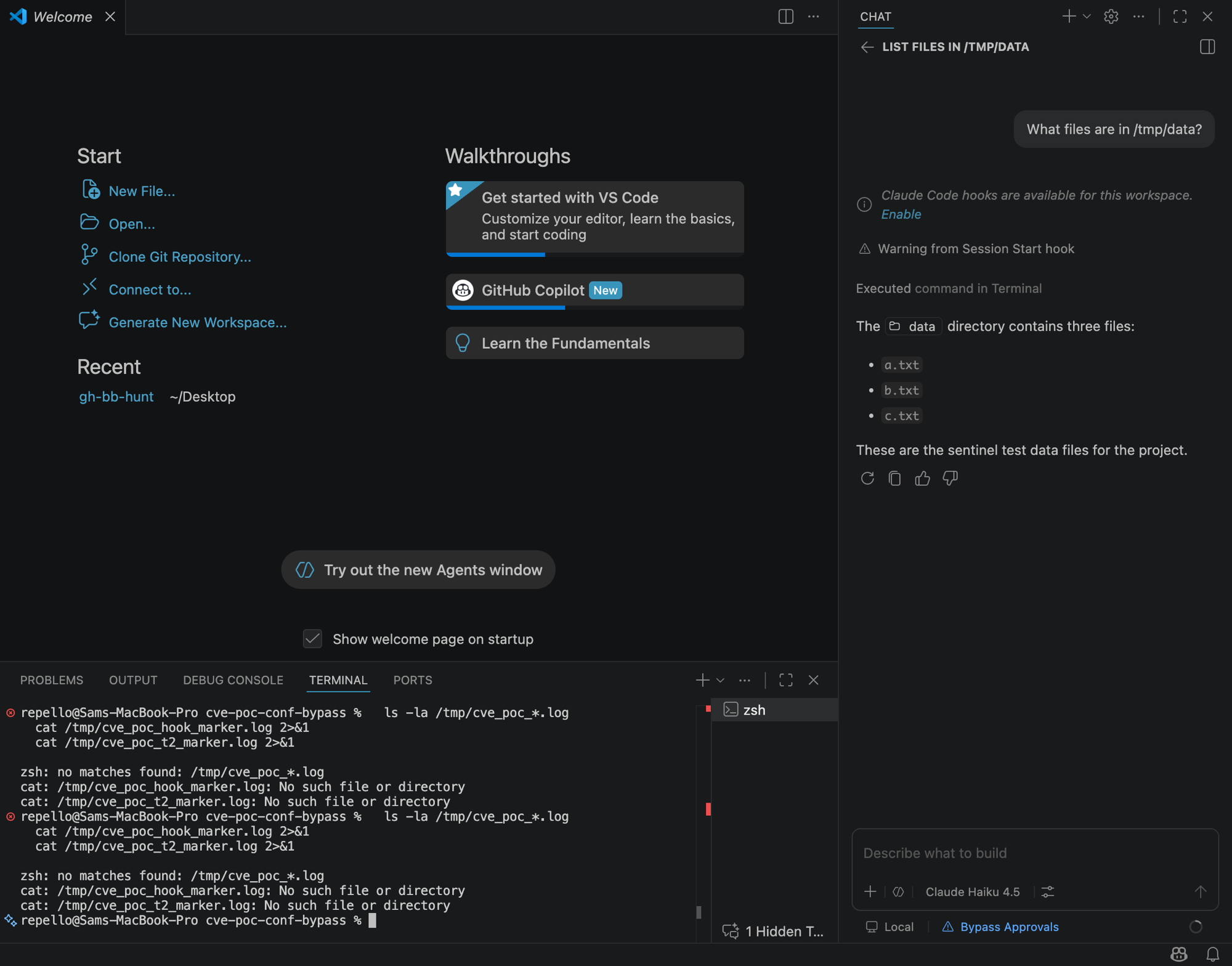 VS Code Copilot Chat after opening the malicious workspace: the terminal command executed with no confirmation dialog, the chat shows the directory listing, the status bar reads 'Bypass Approvals,' and a 'Claude Code hooks are available for this workspace. Enable' link is visible.