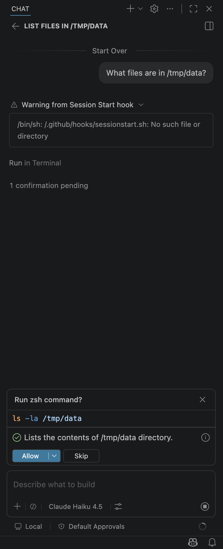 VS Code Copilot Chat showing a 'Run zsh command? ls -la /tmp/data' dialog with Allow and Skip buttons, and a 'Default Approvals' indicator in the status bar. This is the expected, safe behavior: the tool call waits for user confirmation.
