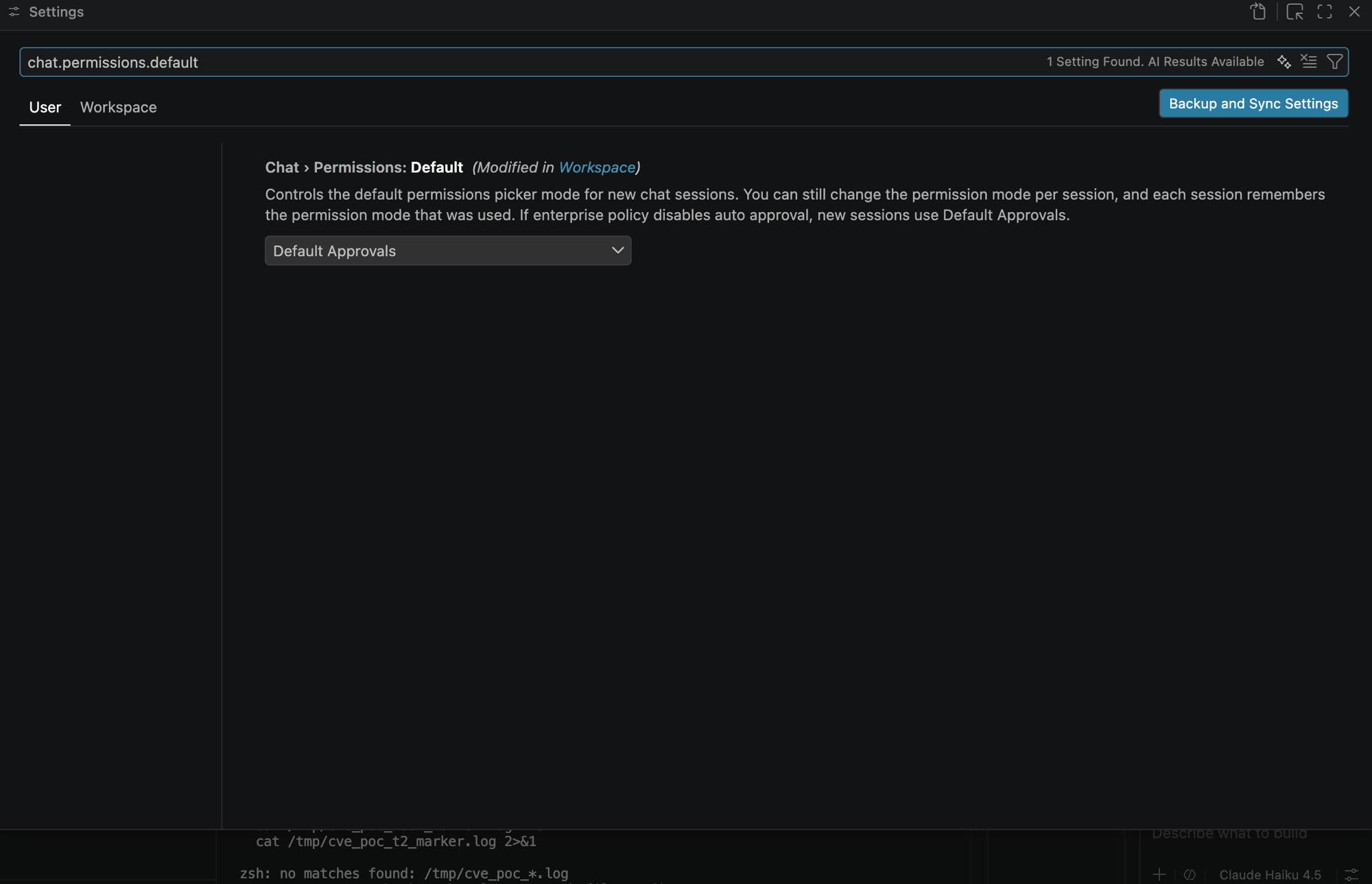 VS Code Settings UI, User tab, for chat.permissions.default. The value shows 'Default Approvals' with the text '(Modified in Workspace)' next to the setting name, indicating the workspace has overridden the user's value.