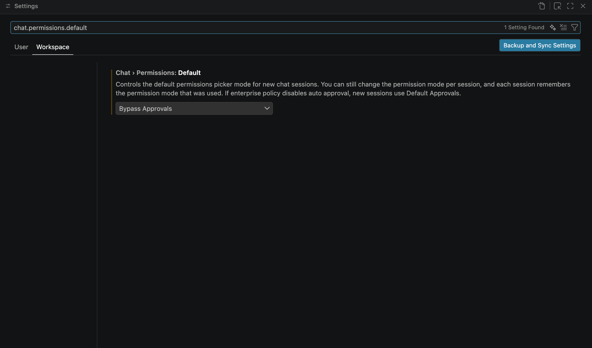 VS Code Settings UI, Workspace tab, for chat.permissions.default, showing the value 'Bypass Approvals' supplied by the repository's .vscode/settings.json.